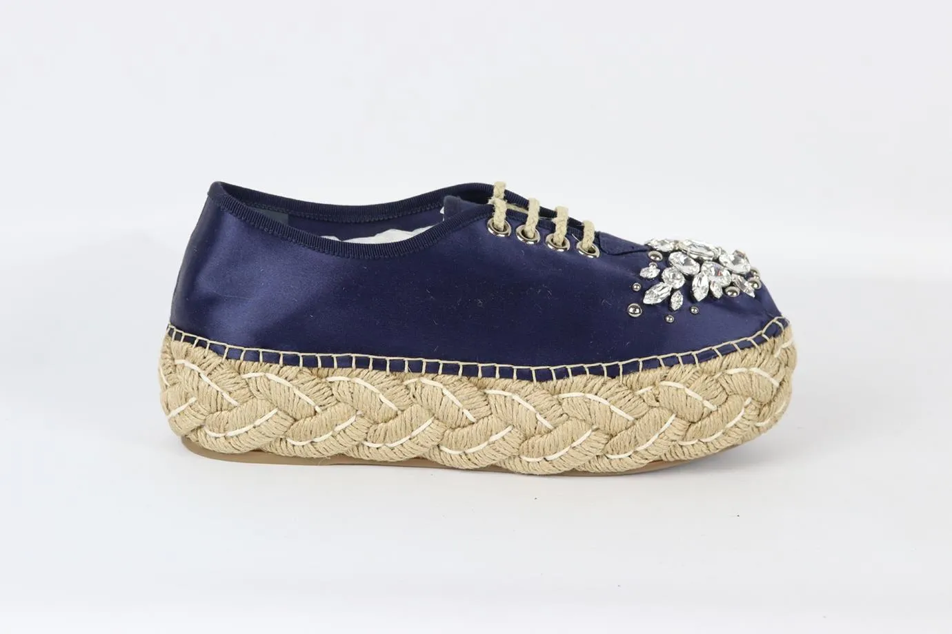 MIU MIU CRYSTAL EMBELLISHED SATIN PLATFORM ESPADRILLES EU 38.5 UK 5.5 US 8.5