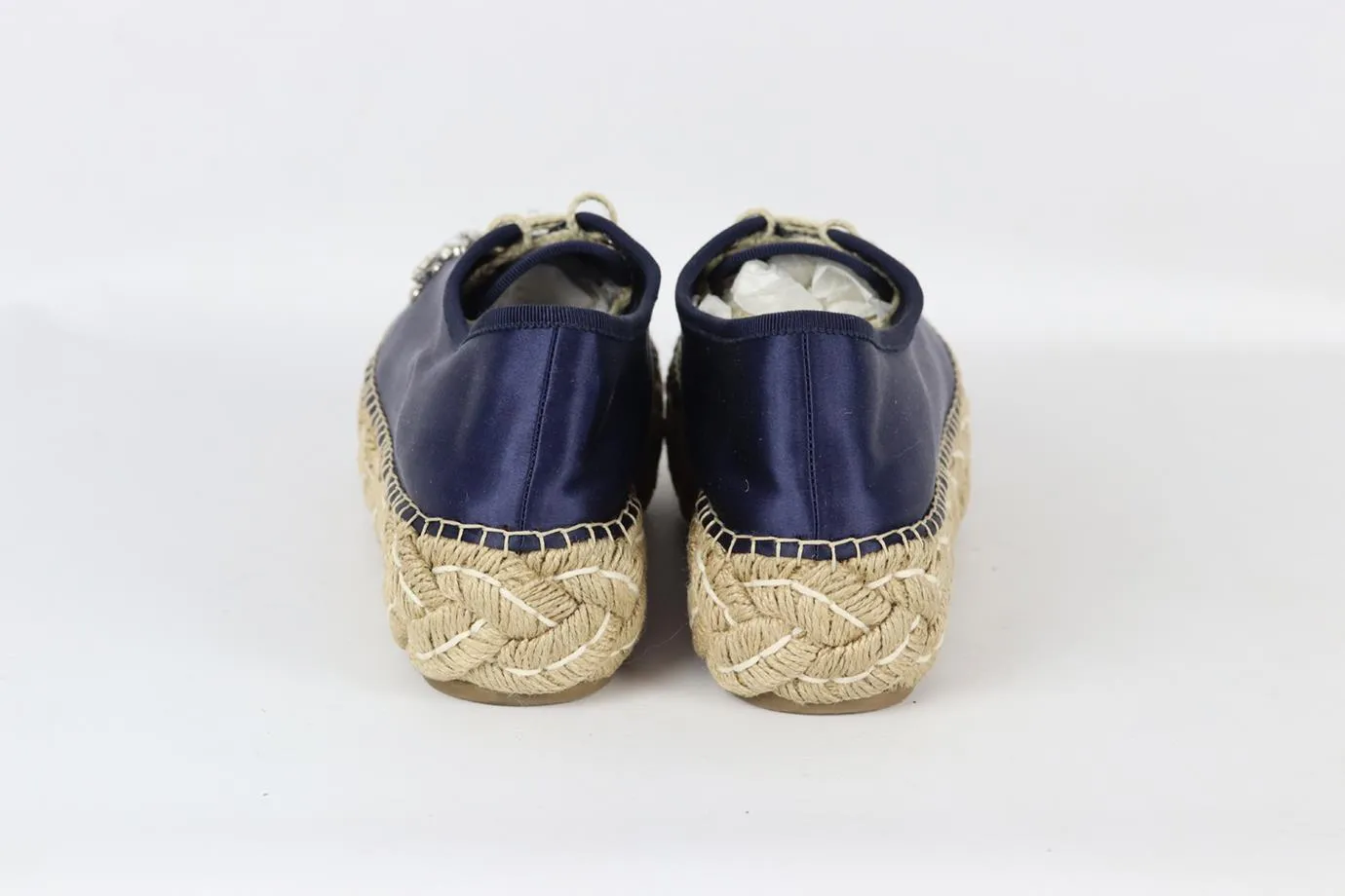 MIU MIU CRYSTAL EMBELLISHED SATIN PLATFORM ESPADRILLES EU 38.5 UK 5.5 US 8.5