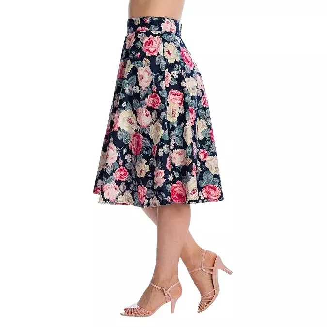 Navy Rose Print Rockabilly Swing Skirt