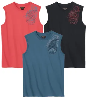 Pack of 3 Men's Beach Vests - Coral Black Blue