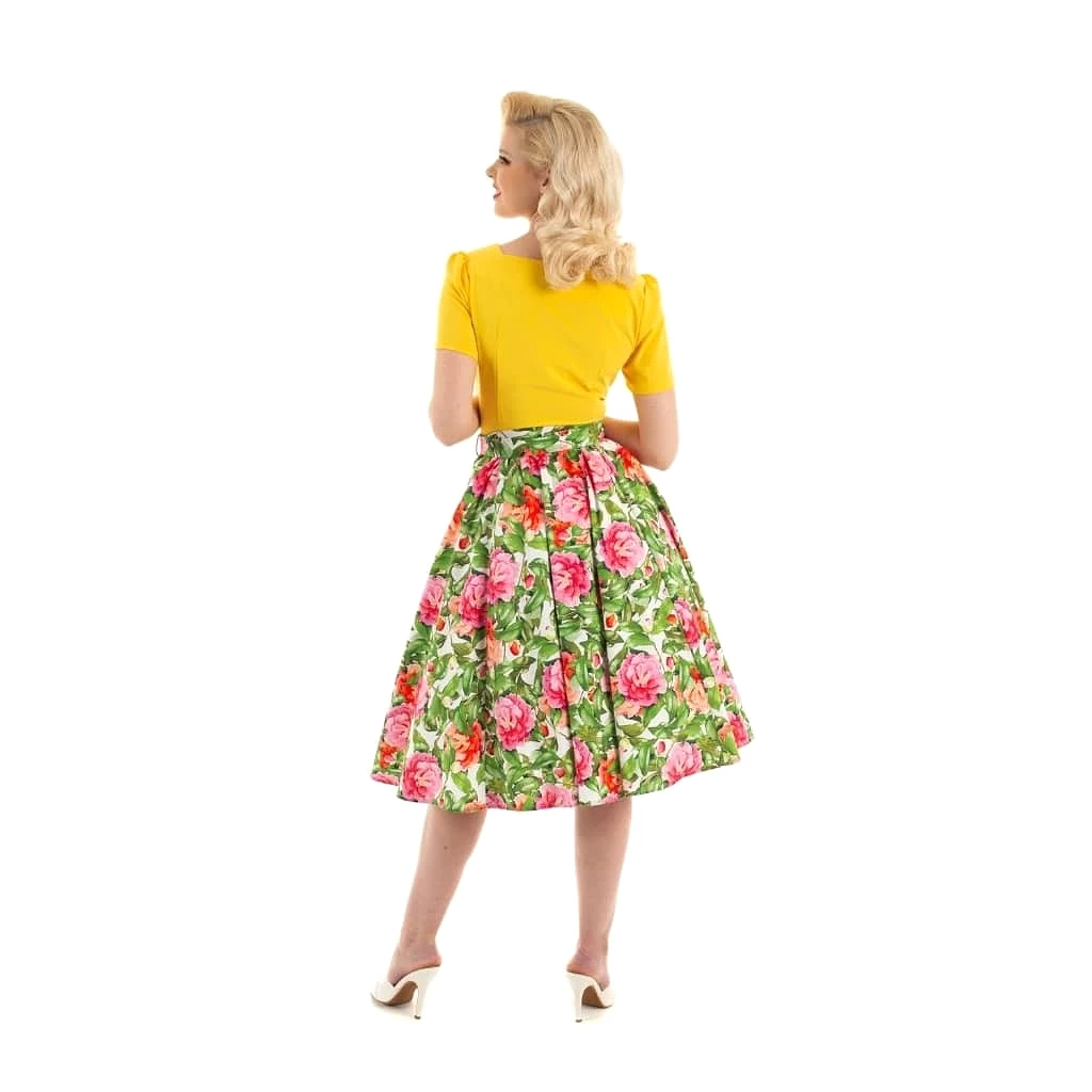 Pink And Green Floral Swing 1950s Rockabilly Skirt