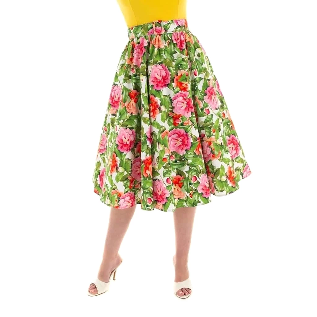 Pink And Green Floral Swing 1950s Rockabilly Skirt