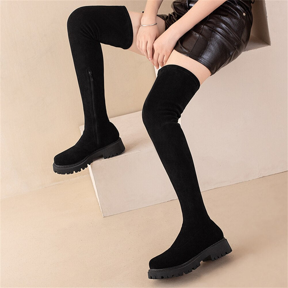 Platform Boots Warm Plush Square Heels Round Toe Over The Knee Boots Winter Shoes