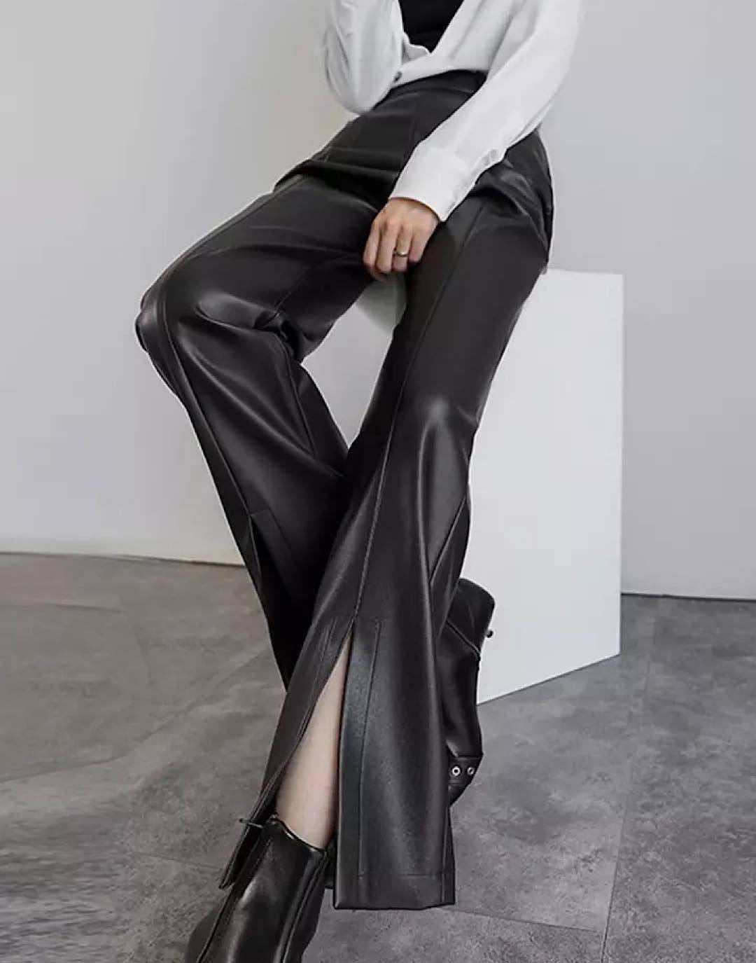 PU Leather Slim Pants With Front Slit