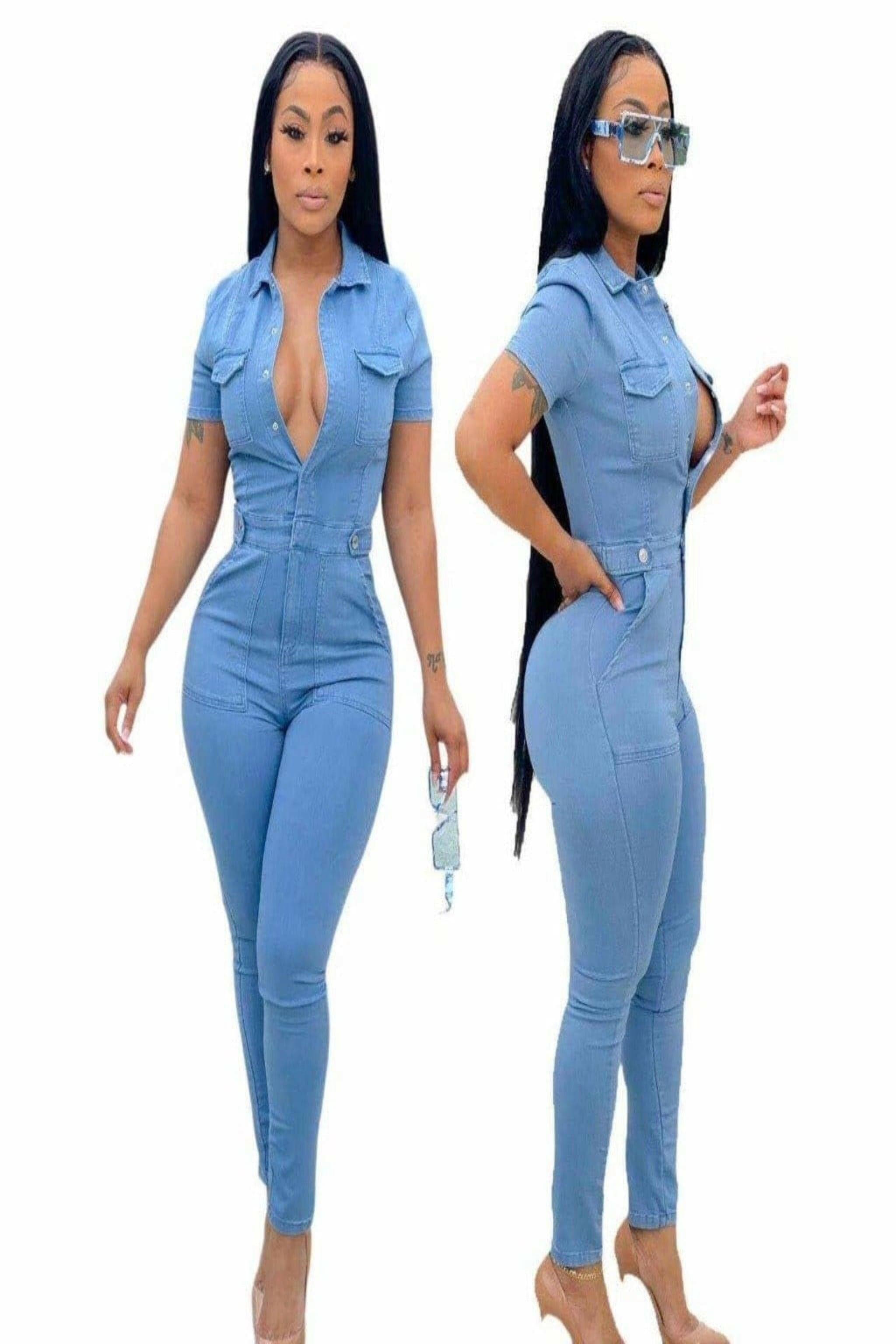 RICH Fit Denim Button Down Jumpsuits