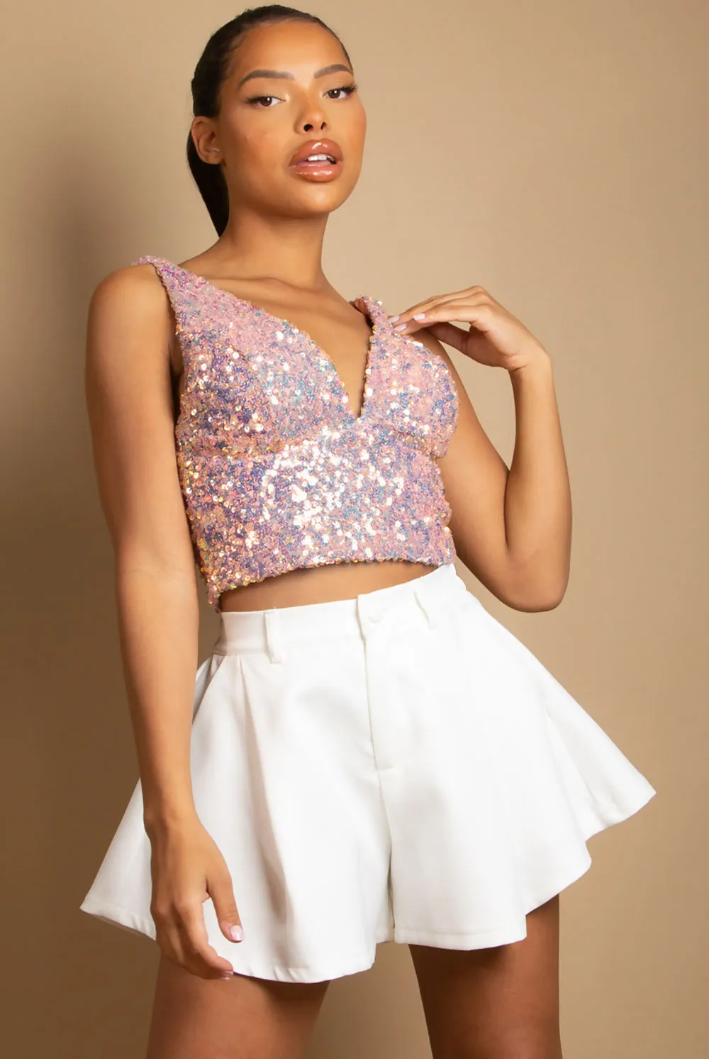 Rose Sequin V Neck Crop Tops