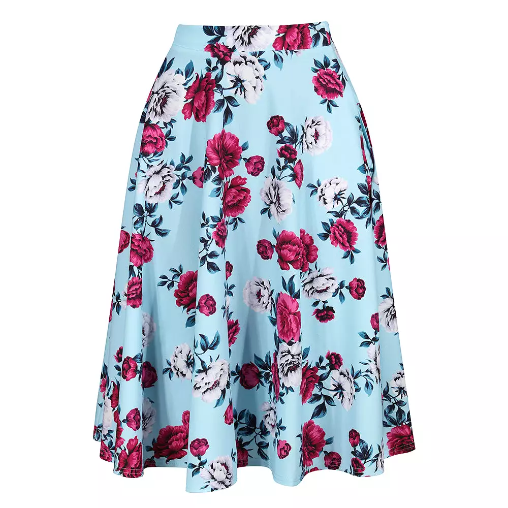 Sky Blue Floral Rockabilly 50s Swing Skirt