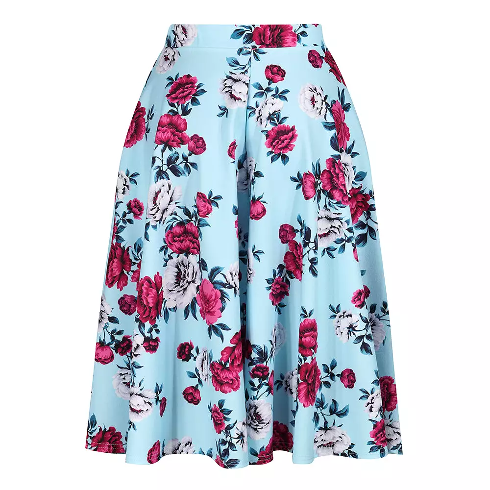 Sky Blue Floral Rockabilly 50s Swing Skirt