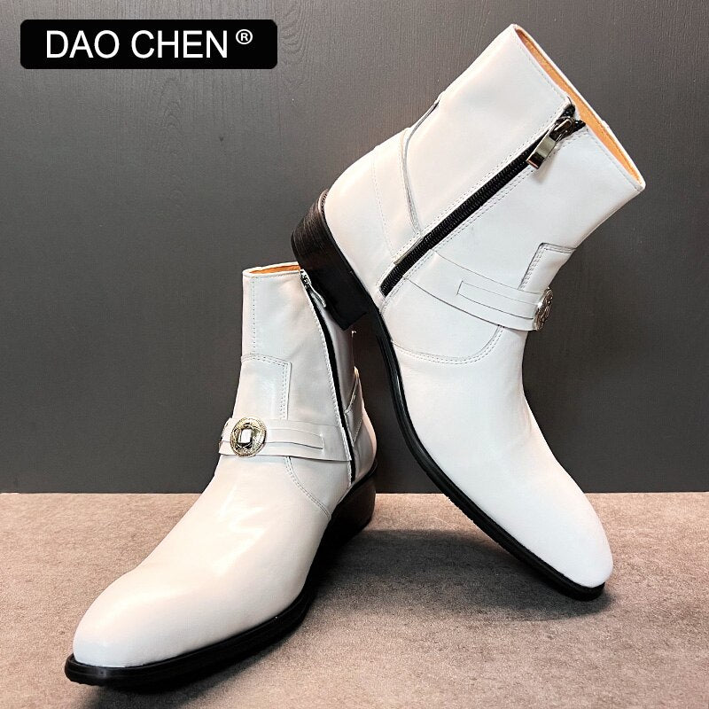 SLIP ON ElEGANT CASUAL SHOES BLACK WHITE LEATHER MAN BOOTS