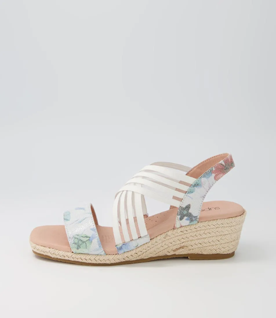 SUPERSOFT Zola Mint Floral-white Leather Elastic Espadrilles