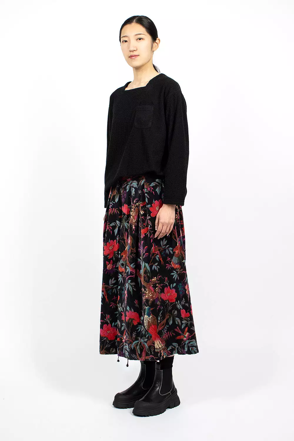 Tuck Velveteen Skirt Bird Print