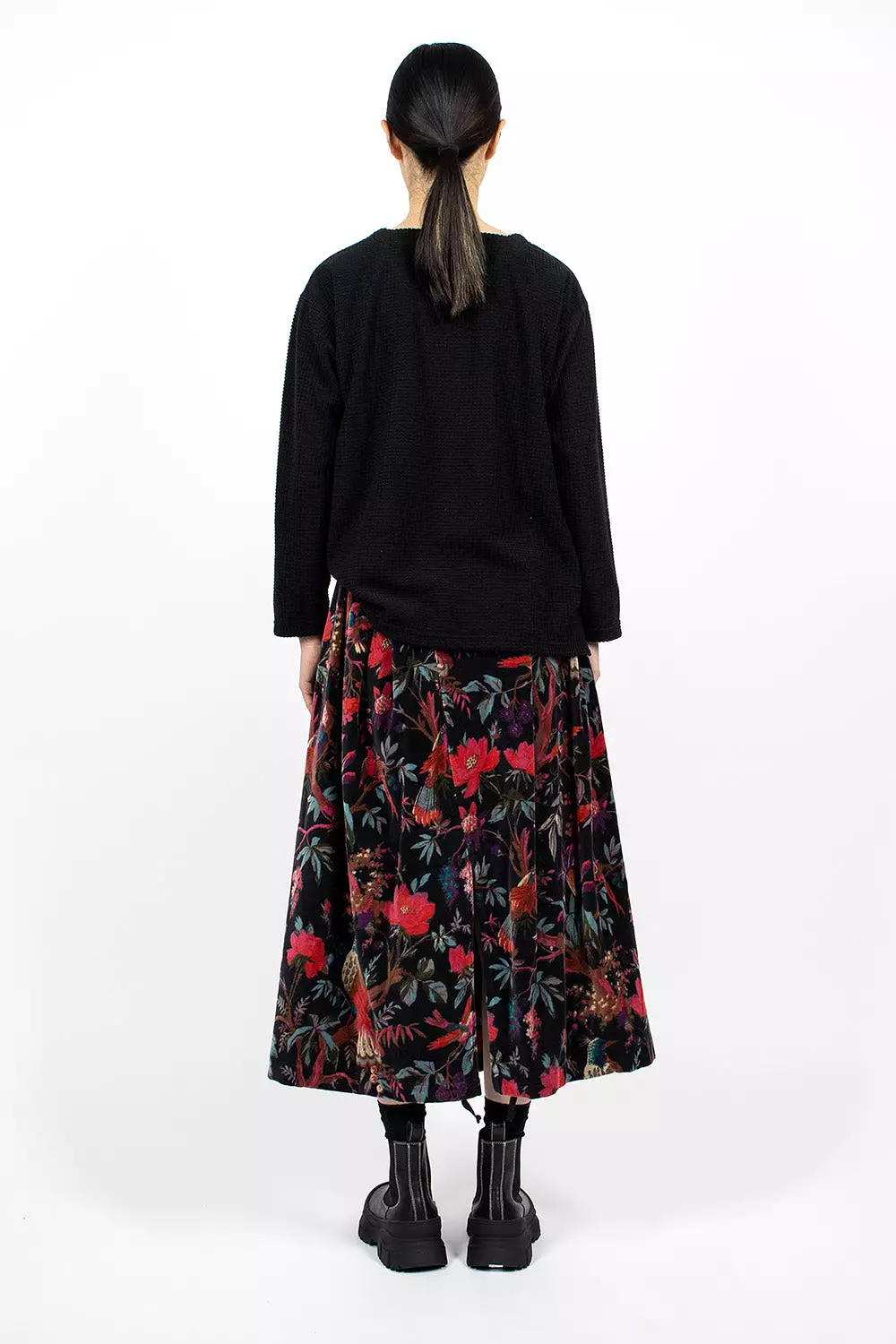 Tuck Velveteen Skirt Bird Print