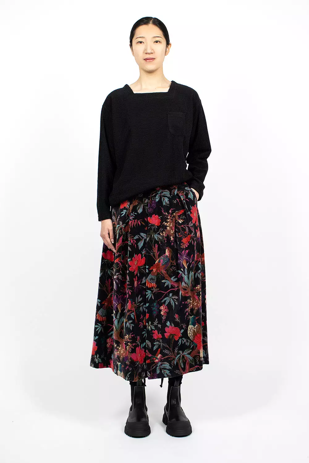 Tuck Velveteen Skirt Bird Print