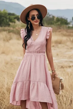 V Neck Solid Sleeveless Ruffle Dress