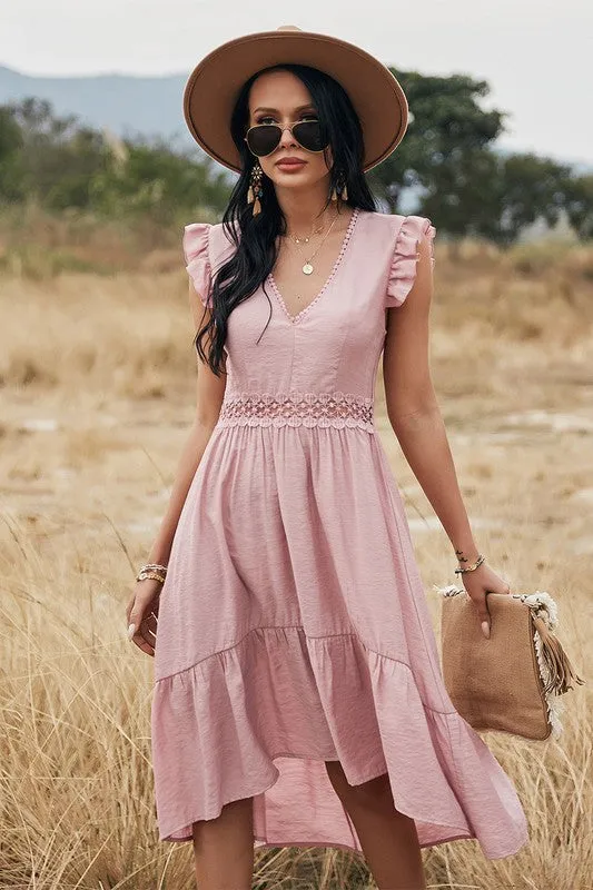 V Neck Solid Sleeveless Ruffle Dress