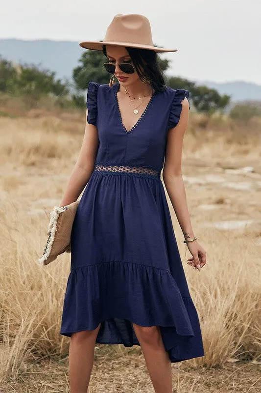 V Neck Solid Sleeveless Ruffle Dress