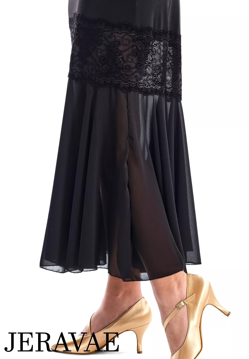 Victoria Blitz Gela Black Ballroom Practice Dress with Boat Neckline, Short Sleeves, Lace Embellishment on One Shoulder, and Lon