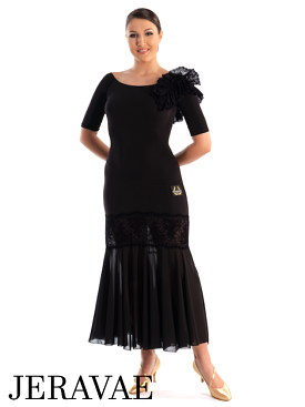 Victoria Blitz Gela Black Ballroom Practice Dress with Boat Neckline, Short Sleeves, Lace Embellishment on One Shoulder, and Lon