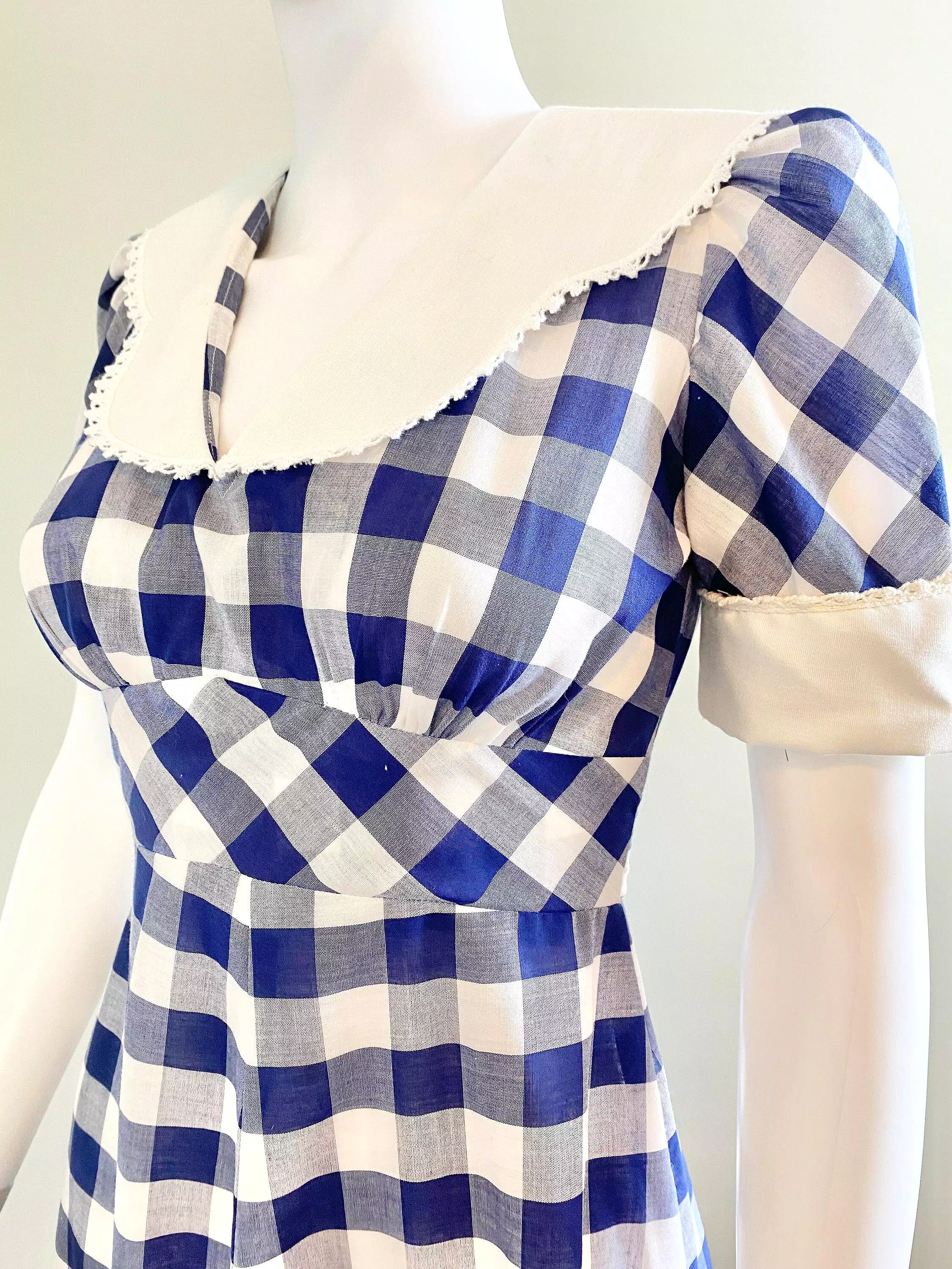 Vintage 1970s Navy Gingham Puff Sleeve Dress / 70s does 1930s Party Dress / Size S M