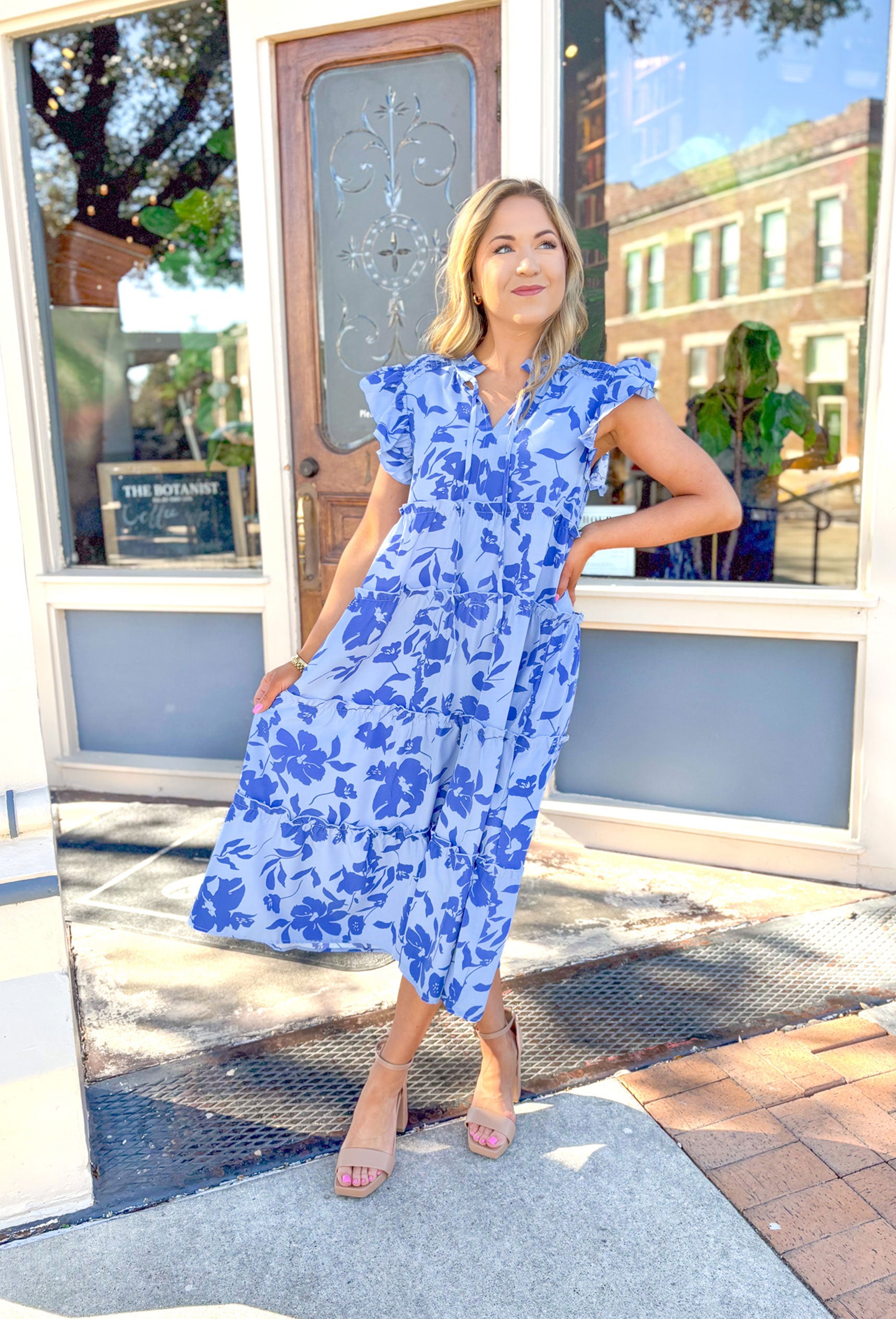 Warmer Weather Floral Midi Dress in Blue