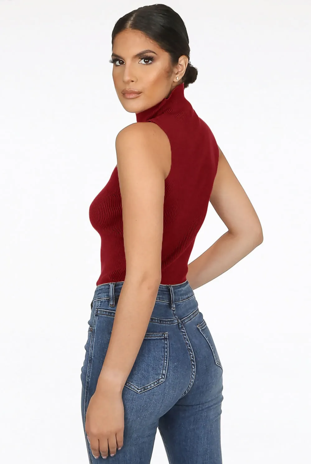 Wine Ribbed High Neck Crop Tops